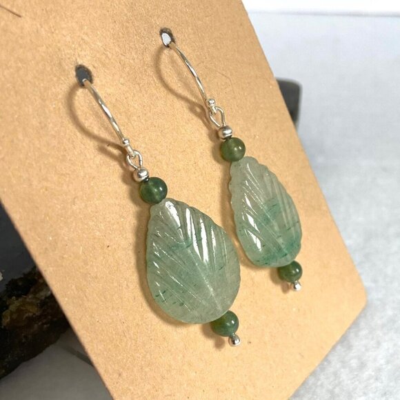Sterling Silver 925 Beaded Carved Jadeite & Tourmaline Leaf Dangle Earrings - Picture 5 of 16